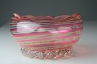 Stevens   Williams Pink   Amber Striped Glass Bowl W  Clear Applied Ruffle Base