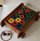 Vintage Wooden Playskool Wagon Pull Toy With 21 Wood Blocks   Rods - Complete