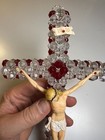 Vintage Beaded Crucifix Red Clear Plastic Rosary Cross Wall Hanging Mid-century