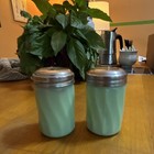 Vintage Green Glass Salt   Pepper Shakers Set  2-piece W  Metal Lids Silver