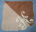 Vtg Ladies Linen Handkerchief Brown taupe Hand Embroidered Ivory Mono K