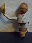 Vintage Hand Carved Wood Mechanical Bottle Stopper Figural Man Tip Hat Gap Teeth