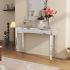 Modern Console Table Mirrored Glam Silver Entryway Table Inlay Crushed Crystals
