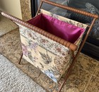 Vtg Folding  Sewing Yarn Knit Basket Caddy Tote Wood Frame Mcm Tapestry Style