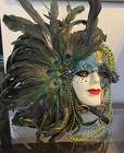 Venetian Masquerade Feather Mask Wall Decor Peacock Feathers Mardi Gras 14 x 14 