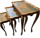 3 Pc Set Florentine Nesting Tables Turquoise Gold Wood Hollywood Regency Italy