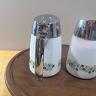 Vtg Spring Blossom Green Dripcut Syrup Dispenser   Sugar Shaker Set Pyrex