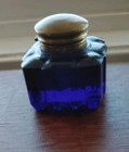 Inkwell Antique Cobalt Blue Thick Glass Bottle With Brass Lid  