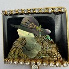 Vintage Bonetto Style Mop Abalone Lady Brooch Rhinestone Hat Silhouette Pin