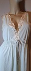 60s 70s Vtg Mint Green Aqua Long Nightgown Sexy V Neck White Lace Trim 36 Med 