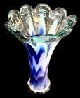 Royal Blue White And Clear Hand Blown Swung Glass Vase 10    Tall One Of A Kind