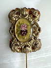 3 Exquisite Antique Victorian Hat Pins   Black Carved Stone White Rose   Flowers