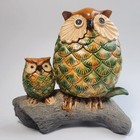Vintage Japanese Marked Hand Painted Ceramic Owls On Wood Figurine Sculpture