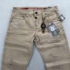 Smugglers Moon Jeans Mens 34x32 Khaki Beige Denim Button Fly Roll Up Distressed