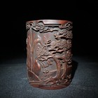 Chinese Antique Old Bamboo Carved Scenery Brush Pot Collection Office Supplies
