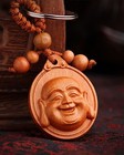 Feng Shui Peach Wood Curved Money  laughing Happy Buddha  Key Ring For Wealth-2 
