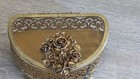 Vintage French Brass Ornate Jewelry Box Keepsake Round Glass Lid Rings Holder