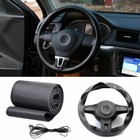 Car Auto Diy Black Genuine Leather Steering Wheel Cover Wrap Sew-on Kit 37-38cm