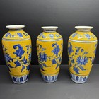 Vintage Famille Jaune Vase Set Of 3 Qianlong Mark Yellow Blue Porcelain Trios