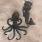 Nautical Mermaid Octopus Cast Iron Wall Hanging Towel  Key Hooks Beach Decor New