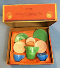 Vintage Jadeite Art Deco Play-time Toy Glass Tea Set Dishes Akro Agate With Box