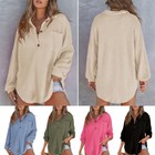 Women Long Sleeve T-shirt Loose Fit Waffle Tee Tops Lapel Pullover Blouse Casual