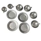 Vintage Child Tin Play Dishes Aluminum 1950s Kitchen Toy Mcm Plates Cups Read