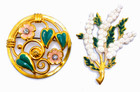 Lot 2 Big Htf Antique Art Nouveau Art Deco Floral Repousse Enamel Brooches