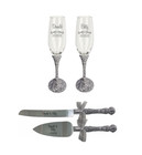 Silver Glitter Toasting Flutes And Cake Knife Server Set  Wedding Gift