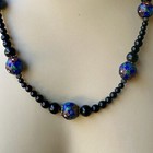 Vintage Beaded Necklace 21  Chinese Cloisonne Art Glass Blue Floral Gold Tone
