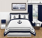  Anchors Away Nautical Navy And White Boys 3 Piece Full queen Bedding Set 