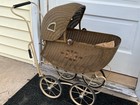 Vintage Wicker Baby Doll Buggy Carriage Stroller Brown Beige Woven Metal Frame