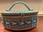 Vintage Wicker Woven Sewing Basket Box Blue Satin Quilted With Notions Japan