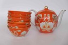 Vintage Soviet Porcelain Tea Set     Red   Gold Teapot With 6 Bowls Ussr 1980