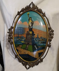 Antique 1917 Brass Ornate Frame Reverse Painting Statue Of Liberty Convex Glass