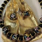 Lampwork Floral Beaded Glass Necklace And Earring Set Black   Gold Vintage