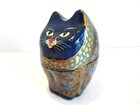 Painted Lacquer Cat Trinket Box Papier Mache Paper Lt Dark Blue Gold 3 5  Tall
