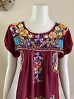 1970s Oaxacan Mexican Huipil Cotton Dress Burgundy Embroidered Floral Vtg