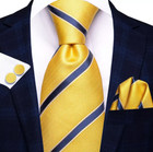Luxury Yellow   Blue Striped Silk Necktie Set With Cufflinks   Pocket Square