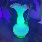 Stevens   Williams Victorian Opaline Uranium Glass Ruffled Thorn Handled Vase