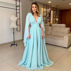 Light Sky Blue Mother Of The Bride Dress Deep V Cape Sleev Wedding Evening Gown