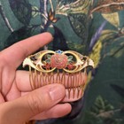 Vintage Cloisonne Hair Comb pink Enamel  Red And Pink Roses Decorative Gold Tone
