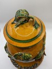Hungarian Art Pottery Urn With Lid And Underplate Applied Relief Fish Hungary