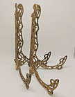 2 Vintage Solid Brass Plate Holders Display Picture Folding Easel Ornate Taiwan