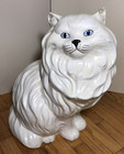   vintage Mcm Large Persian Ceramic Cat Statue Blue Eyes White Table Art Sitting