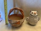 Pueblo Pottery  two Fine Examples  An Owl Figurine And A Basket With Braided Han