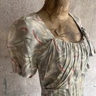 Vintage 1930s 1940s Feather Print Rayon Dress Grey Yellow   Green Bow Gathered