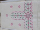  4  Vintage Linen Hand Embroidered Tea Kitchen Towel Green Pink Floral Stitch