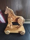 Vintage Wooden Pull Horse Toy Handmade Rolling Wheels