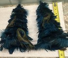 Vtg Teal Blue Set Of Peacock Feather Trees Decor 10   